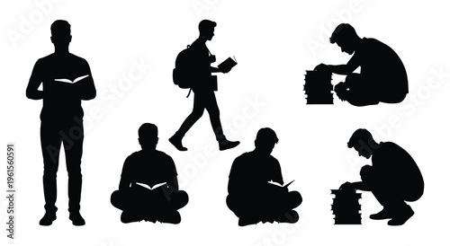 Set of male student or young man in various poses reading book