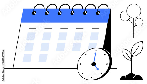 Time management, planning, productivity, sustainability, progress, business strategy. A calendar with a clock and growing plant. Time management and planning concept