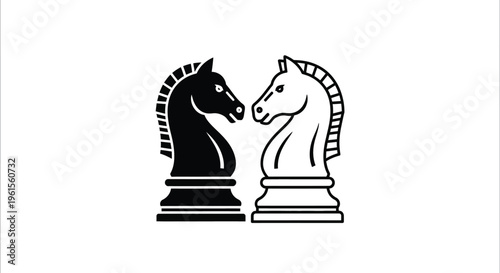 Black and white chess knight pieces facing each other representing strategic rivalry or intellectual competition in a simple vector illustration design