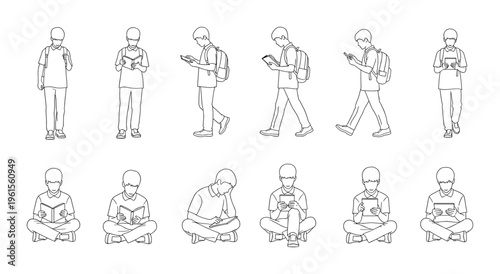 Set of line art male student or young man in various poses reading