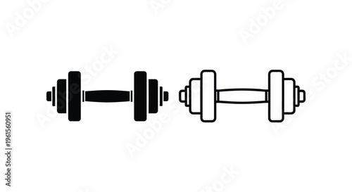 A graphic vector illustration featuring two distinct adjustable dumbbell designs, one solid black and the other outlined, symbolizing strength training, fitness, and workout equipment.