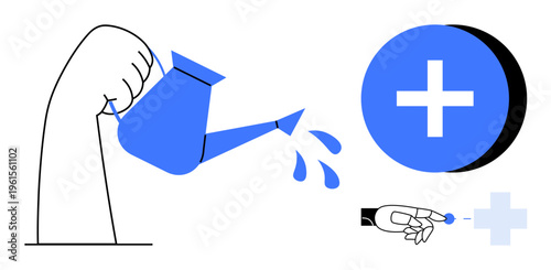 Growth concept. Hand pouring water for nurturing development, support and progress. Growth is highlighted by technology, collaboration, and positivity. Perfect for innovation, technology