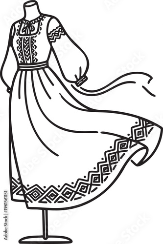 Flowing embroidered folk dress on a mannequin, continuous one-line drawing, minimalist outline illustration, traditional peasant fashion in a one-line art style vector.