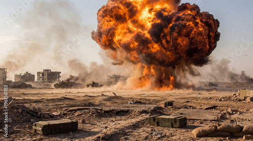 Fotografie A massive fiery explosion erupts on a desert battlefield with military tanks and destroyed buildings in the background
