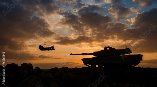 Photography Silhouette of a powerful military tank and a transport helicopter against a dramatic sunset sky photograph