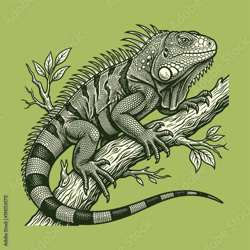 Hand Drawn Iguana Reptile Engraving Vector Illustration