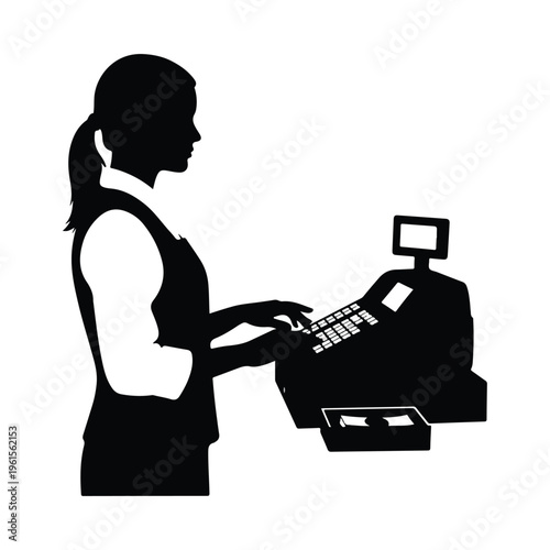 Female Cashier Silhouette Working at Cash Register