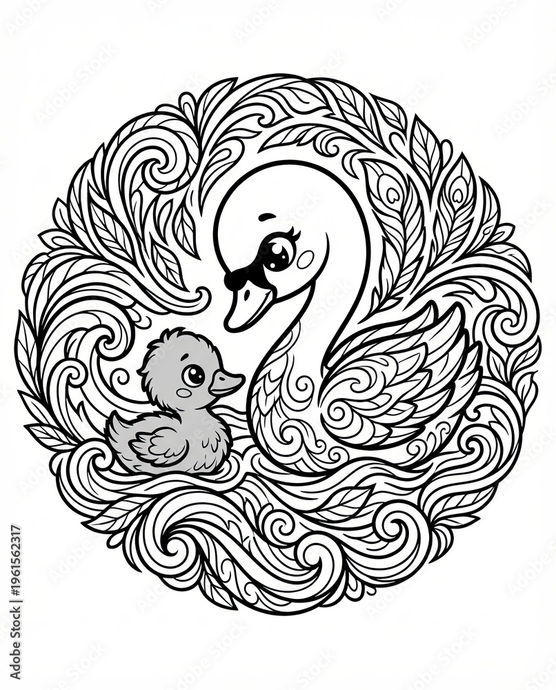 Obraz premium Mother Swan and her niche concept Mother Swan and her cygnet in an ornate floral mandala Black and white coloring page inspired by the Ugly Duckling fairy tale, symbolizing maternal love and family