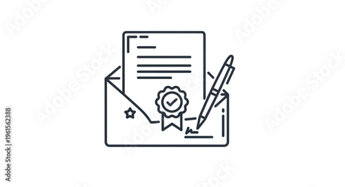 Official Document with Seal and Pen in Open Envelope Line Art.