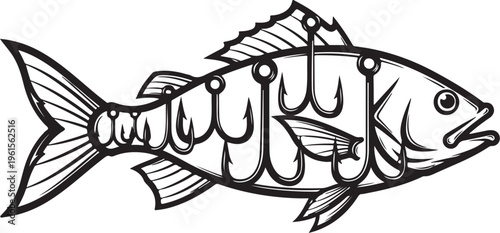 Fish with multiple hooks illustration in black and white