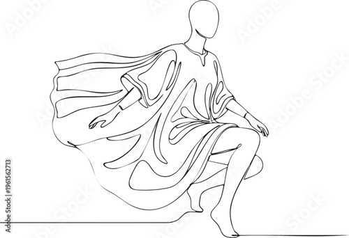 Crouching mannequin in flowing tunic, continuous one-line drawing, minimalist outline illustration, dynamic, active fashion in one-line art style vector.