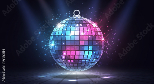 Illuminated Disco Ball with Reflective Tiles and Vibrant Color Gradients.