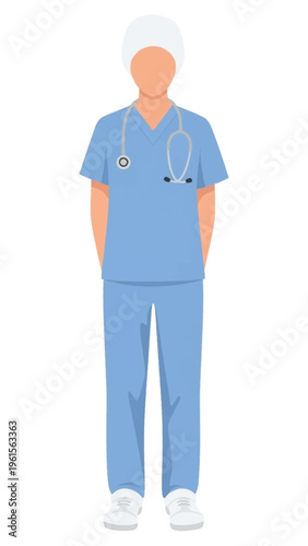 Illustration of a medical professional in blue scrubs and a stethoscope, ready for duty