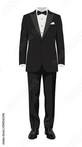Formal Black Tuxedo with White Pocket Square and Black Bow Tie for Men's Evening Wear