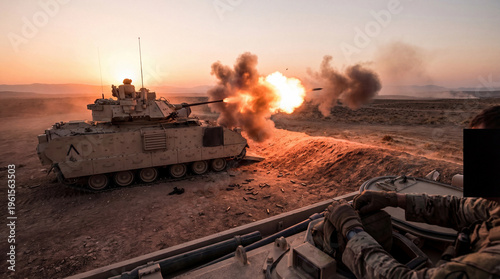 Military vehicle firing main gun at sunset, with muzzle flash, showing combat.