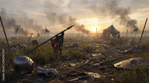 Gritty medieval battlefield at sunset, strewn with armor, weapons, fallen warriors, and tattered flags.