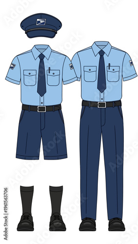 Official postal worker uniform including shorts, trousers, and accessories for men and women
