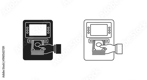 Vector graphic illustration set depicting a hand withdrawing stacked cash from an automated teller machine interface in solid and outline styles