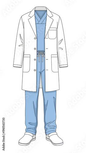 White lab coat and blue medical scrubs with surgical shoes, professional doctor or nurse uniform