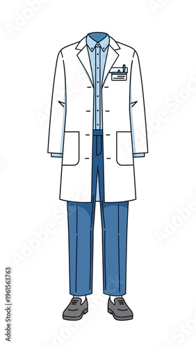 Illustration of a doctor's white coat and blue trousers outfit