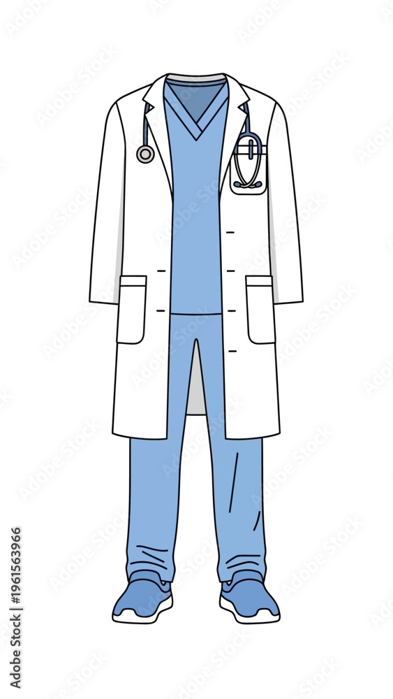 Naklejka premium Professional doctor's uniform featuring a white lab coat, light blue scrubs, and a stethoscope, symbolizing healthcare and medical expertise