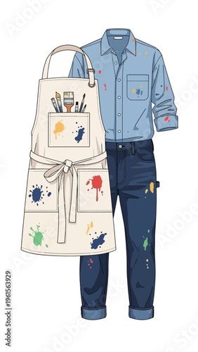Artistic attire A painter's uniform featuring a paint-splattered apron and denim outfit