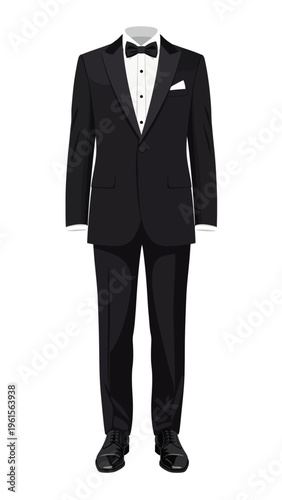 Classic formal black tuxedo with bow tie and pocket square, ideal for special occasions and events