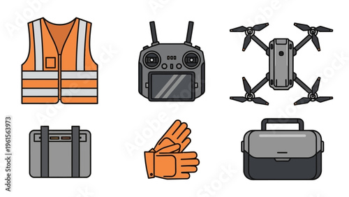 Set of construction and industrial safety equipment icons including a safety vest, drone, toolbox, gloves, and remote control for aerial photography or inspection