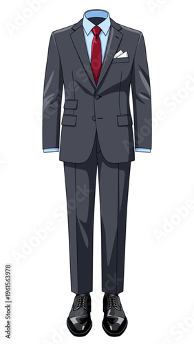 Classic formal gray business suit with red tie and white pocket square, professional men's attire