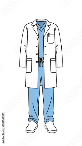 Medical uniform illustration with white coat over blue scrubs and pants