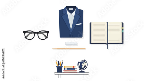 Collection of academic and professional essentials including a suit, glasses, books, and globe for education and business themes