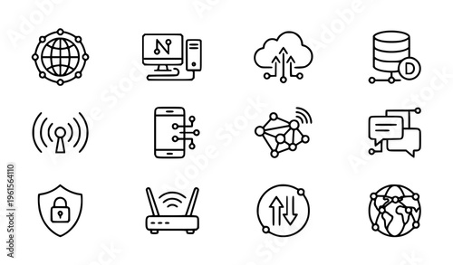 Network Technology Thin Line Icon Set Internet Cloud Server Communication Vector Outline Icons