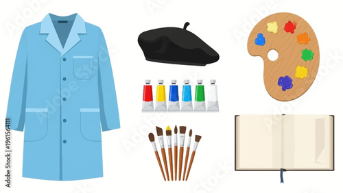 Artistic studio essentials lab coat, beret, paint tubes, brushes, palette, and sketchbook for creative endeavors