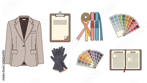 Fashion design flat lay with jacket, clipboard, tape measures, color swatches, gloves, and notebook, representing a designer's workspace and tools