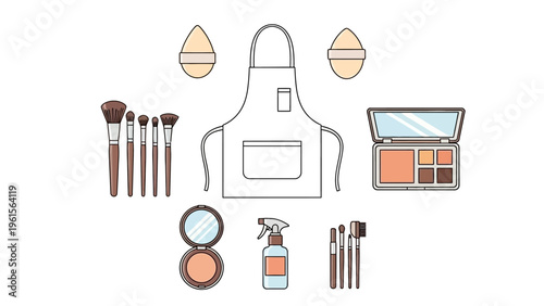 A collection of makeup artist's tools and essentials, including brushes, sponges, an apron, and a makeup palette