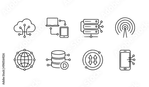 Minimal Continuous Line Network Technology Icons Thin Outline Cloud Server Digital Vector Set