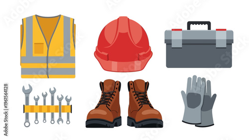 Workplace safety equipment collection high-visibility vest, hard hat, toolbox, wrenches, work boots, and gloves