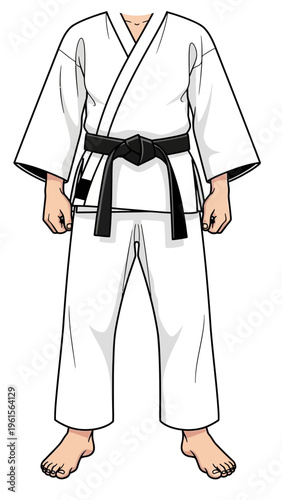 Martial Arts Uniform - Karate Gi with Black Belt, White Clothing, Bare Feet, Traditional Combat Sport Attire