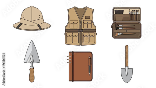 Collection of exploration and excavation tools, including a safari hat, vest, and trowel for adventure and discovery