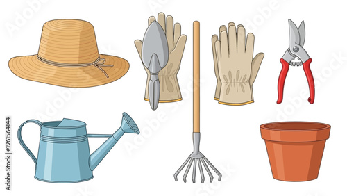 Gardening tools and equipment for planting and cultivation, including a hat, gloves, trowel, rake, watering can, pruning shears, and pot