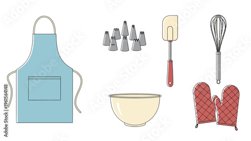 A collection of baking supplies including an apron, mixing bowl, frosting tips, spatula, whisk, and oven mitts for culinary activities