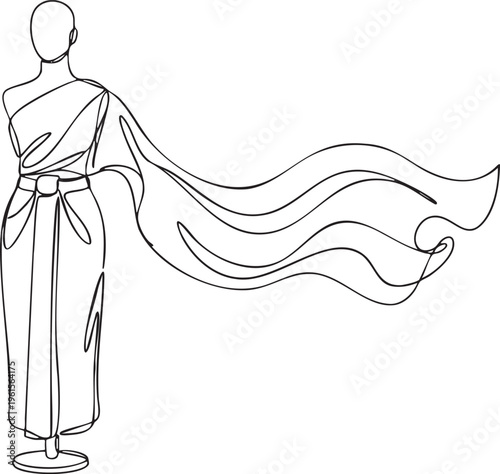 Continuous single black line drawing of Thai Chut Thai on an elevated simple dummy with draped silk making soft waves in wind.