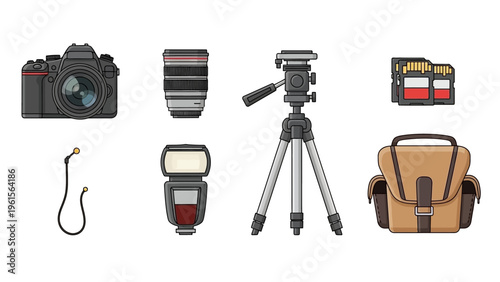 Collection of professional photography equipment including a DSLR camera, lenses, tripod, flash, memory cards, and camera bag