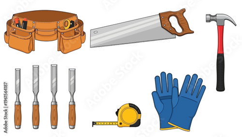 Collection of various carpentry and DIY tools including a belt, hammer, saw, chisels, tape measure, and work gloves