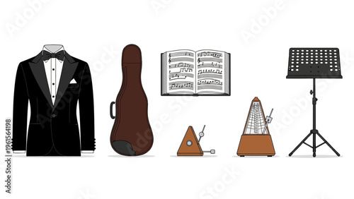 An assortment of musical instruments and related items, including a tuxedo, violin case, sheet music, metronome, and music stand, presented in a clean, white background illustration
