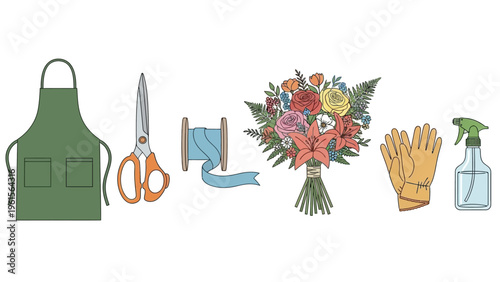 Collection of floral arrangement tools and supplies including an apron, scissors, ribbon, bouquet, gloves, and spray bottle