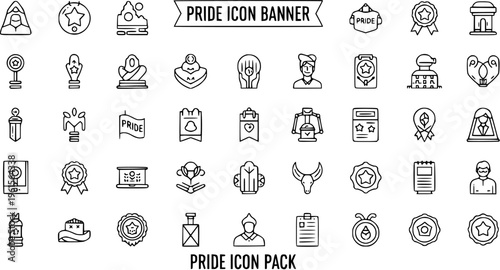 Pride Icon Pack Outline Line Vector Set. Collection of LGBTQ themed symbols, awards, and people icons for celebration, diversity, and community events.