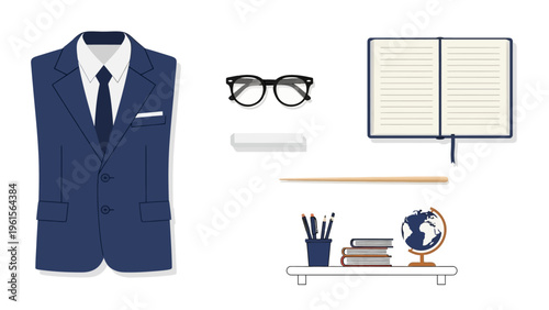 Collection of school supplies and formal attire, including a blue suit, glasses, and an open notebook with writing tools