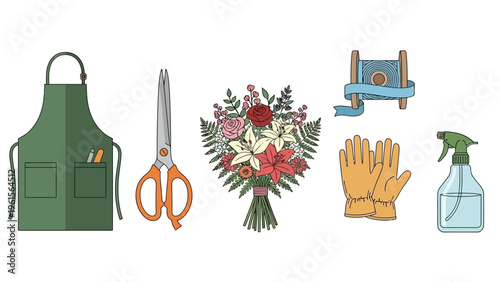Collection of florist tools and supplies including apron, scissors, bouquet, gloves, and spray bottle for floral arrangement