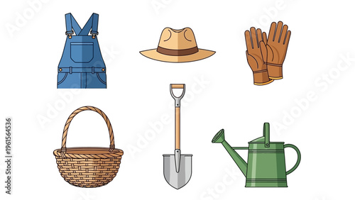 Farm equipment and attire, including overalls, straw hat, gloves, basket, shovel, and watering can, representing rural life and gardening